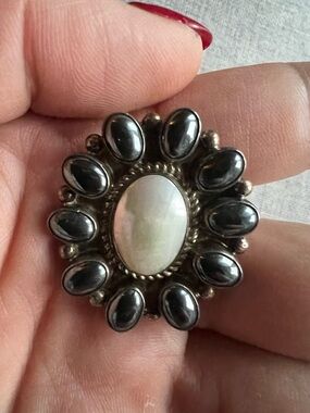 Mother of Pearl and Hematite Floral Brooch Pendant Sterling Silver